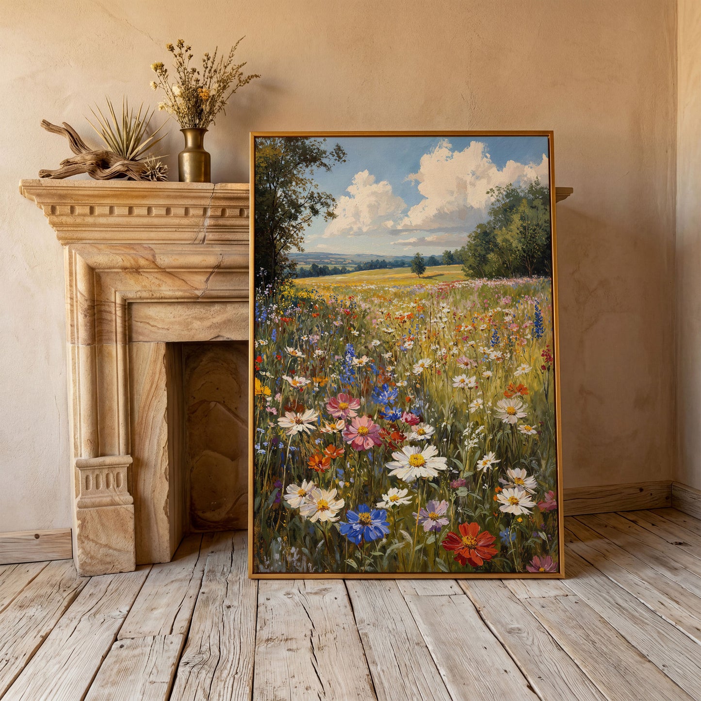 Spring Wildflower Meadow Canvas Print in antique gold floating frame