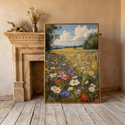 Spring Wildflower Meadow Canvas Print in antique gold floating frame