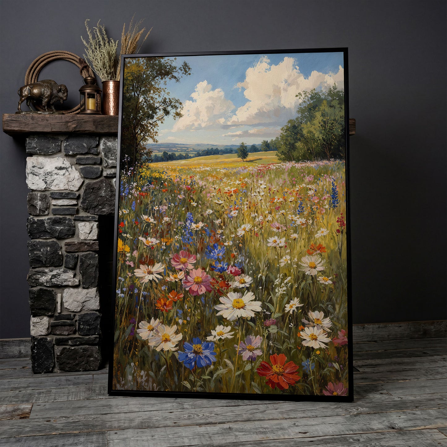 Spring Wildflower Meadow Canvas Print in black floating frame