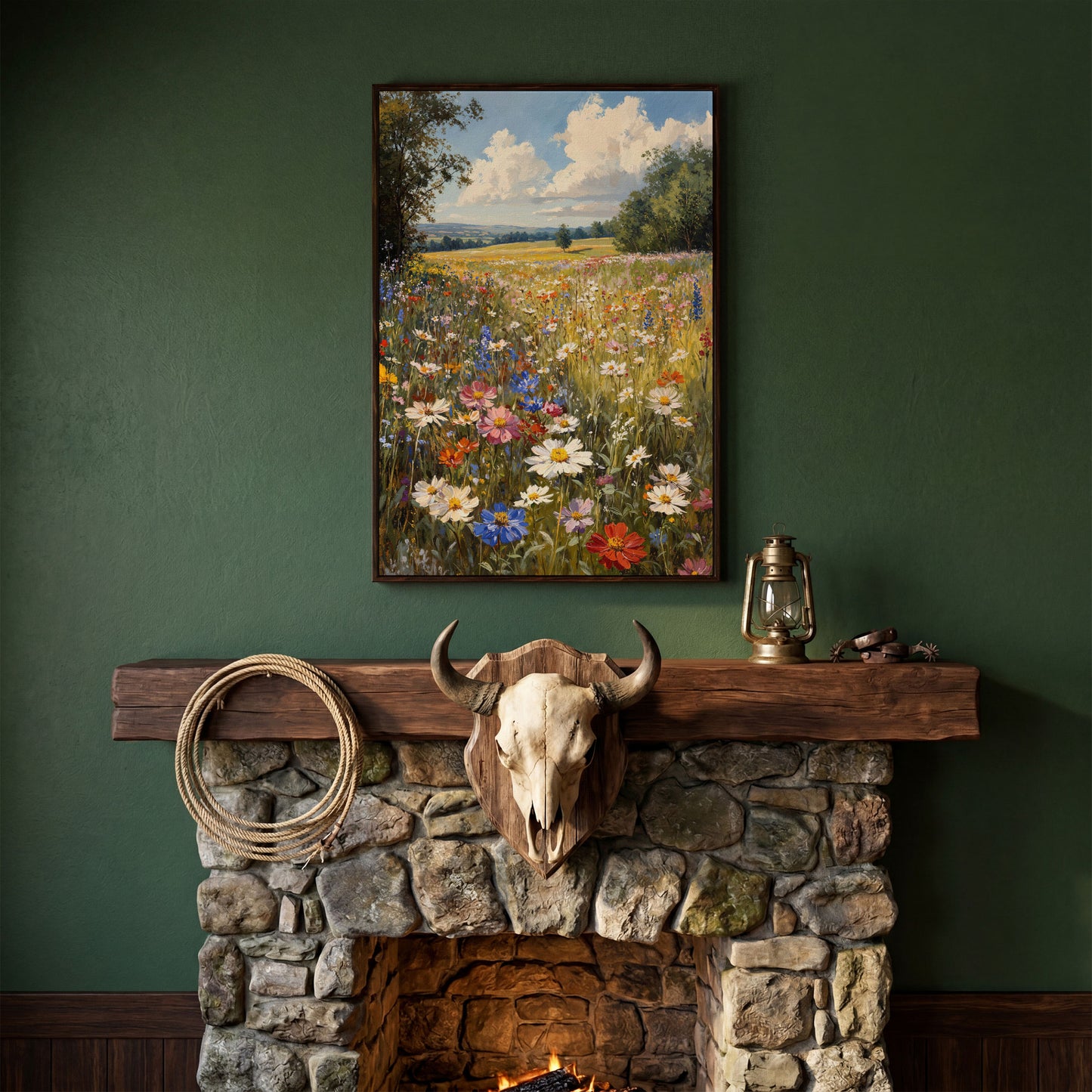 Spring Wildflower Meadow Canvas Print in dark walnut floating frame