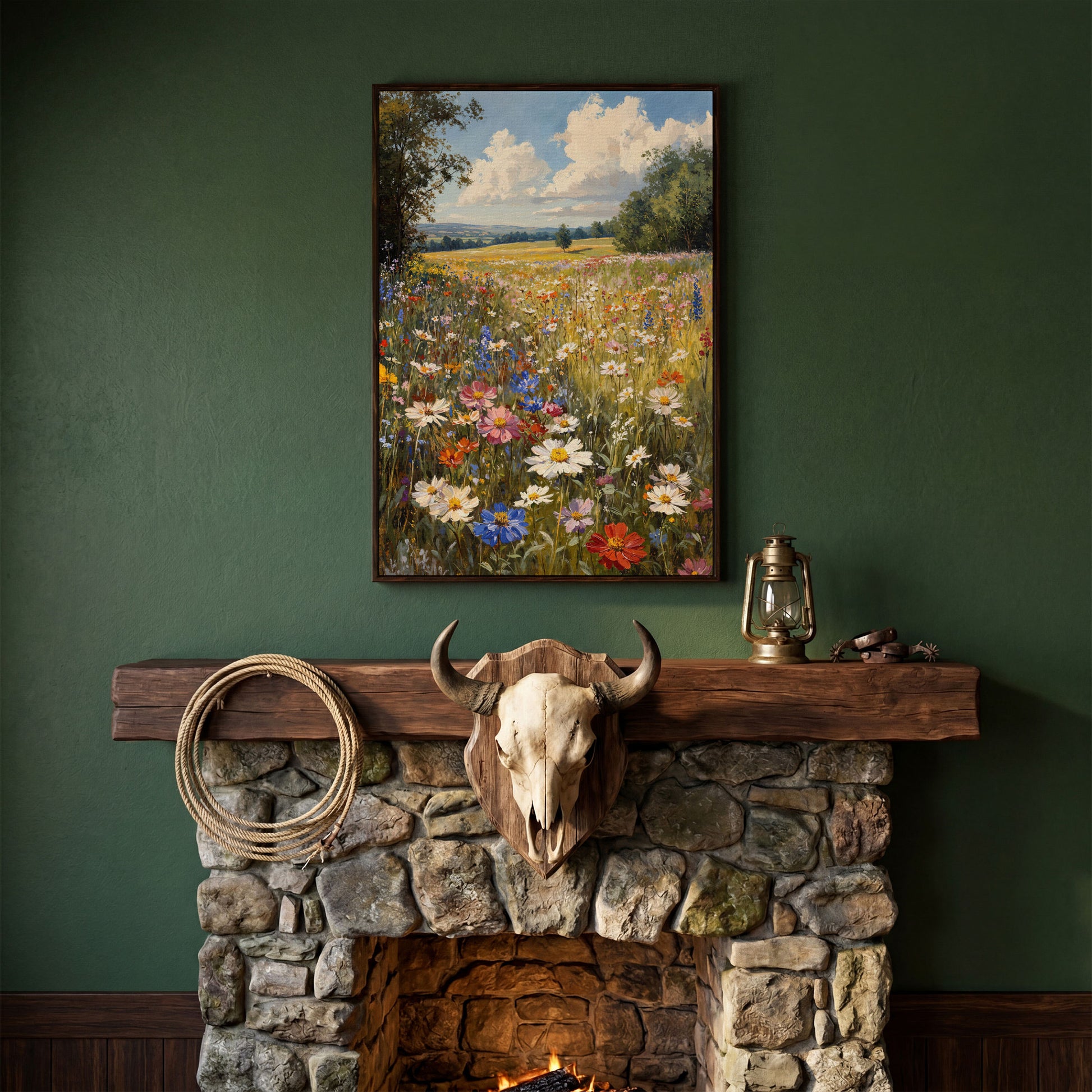 Spring Wildflower Meadow Canvas Print in dark walnut floating frame