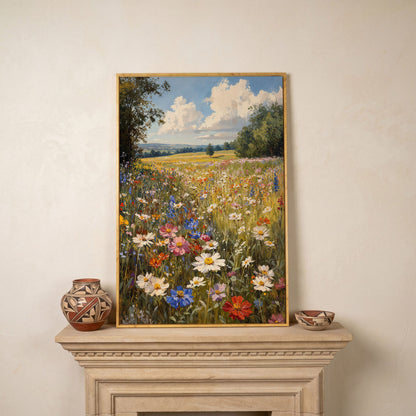 Spring Wildflower Meadow Canvas Print in white oak floating frame