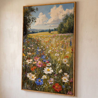 Spring Wildflower Meadow Canvas Print shown in white oak floating frame
