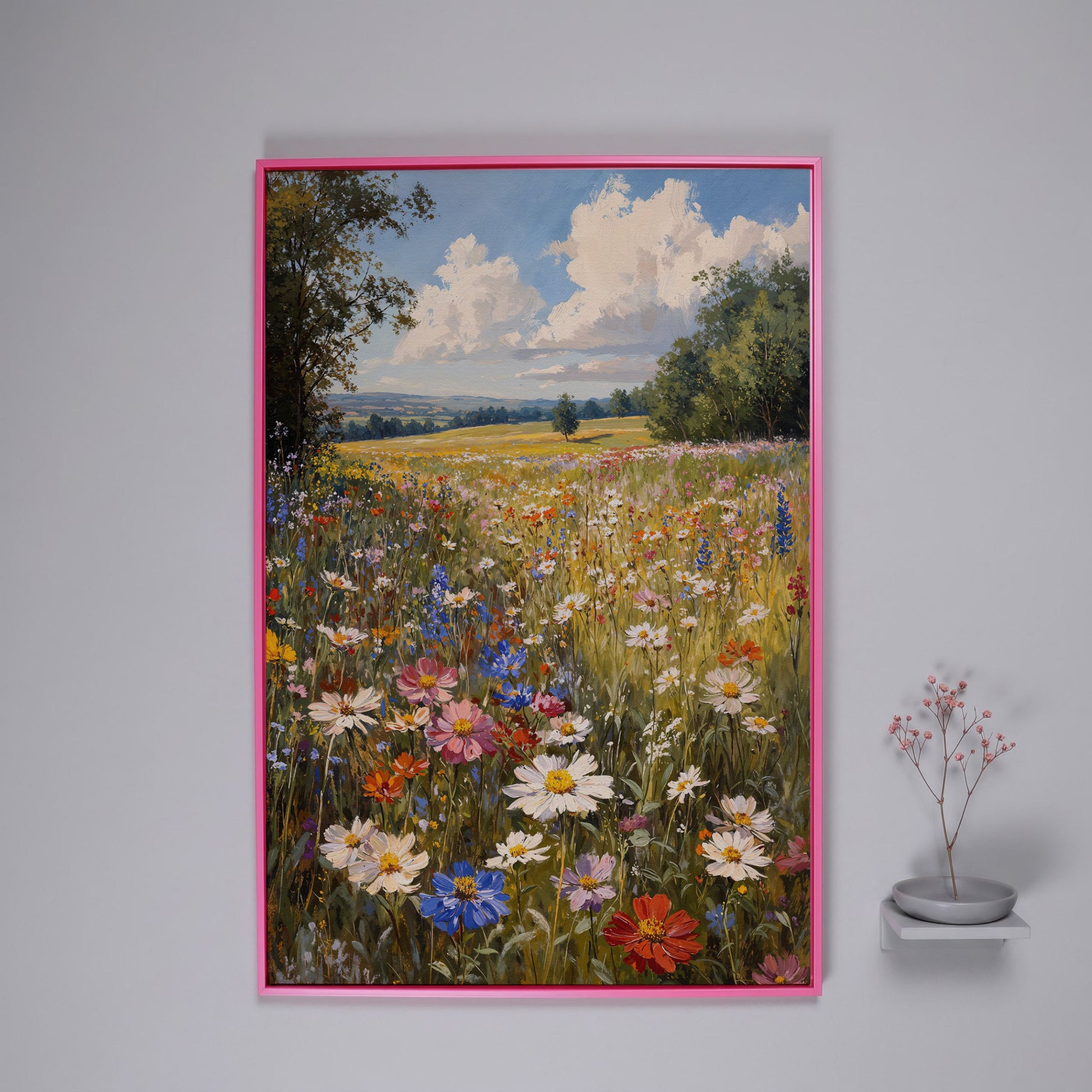 Spring Wildflower Meadow Canvas Print in pink floating frame