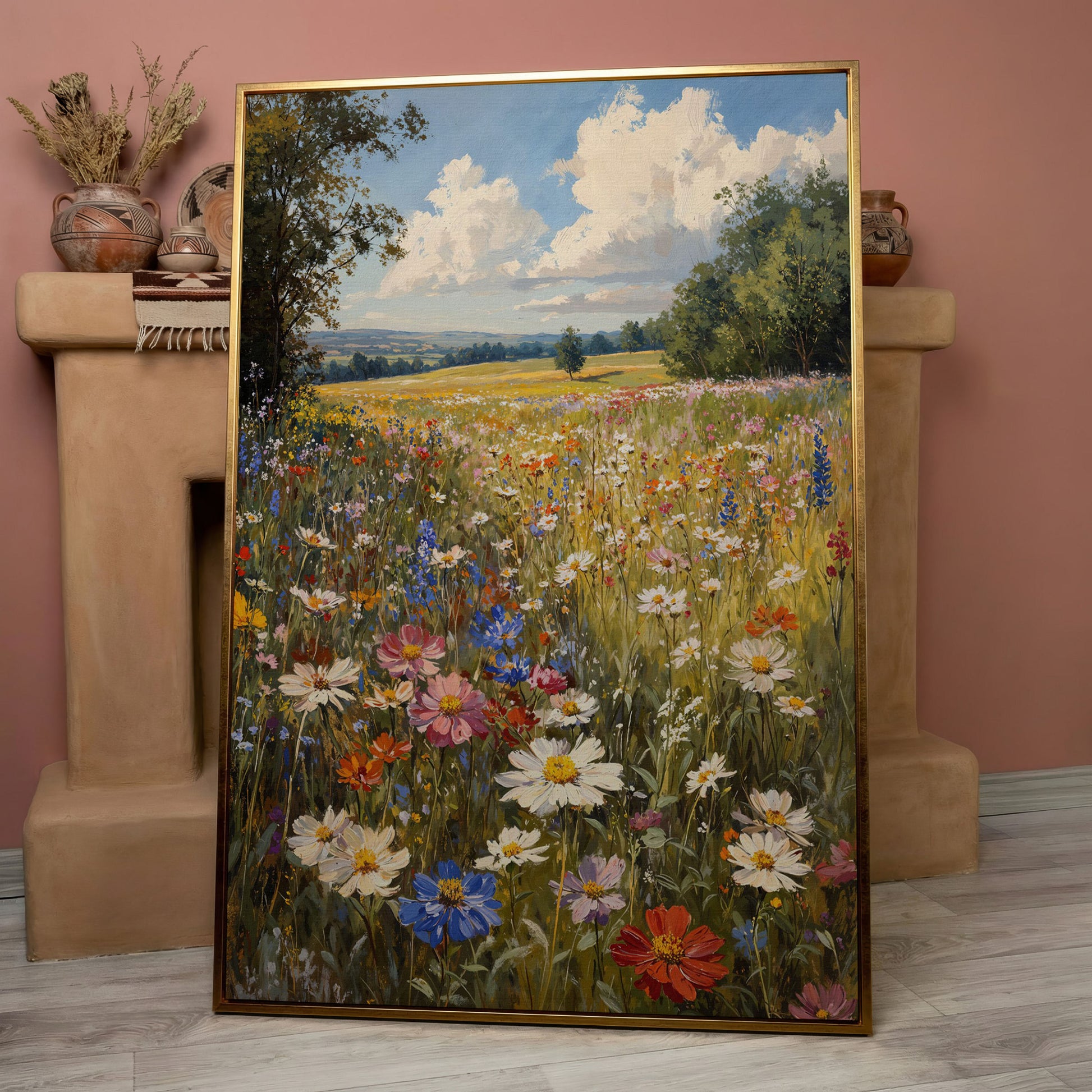 Spring Wildflower Meadow Canvas Print in rose gold floating frame