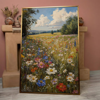 Spring Wildflower Meadow Canvas Print in rose gold floating frame