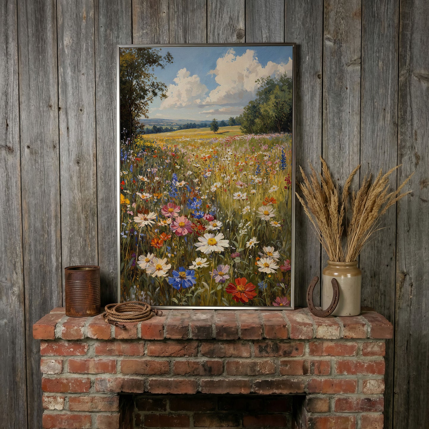 Spring Wildflower Meadow Canvas Print in silver floating frame