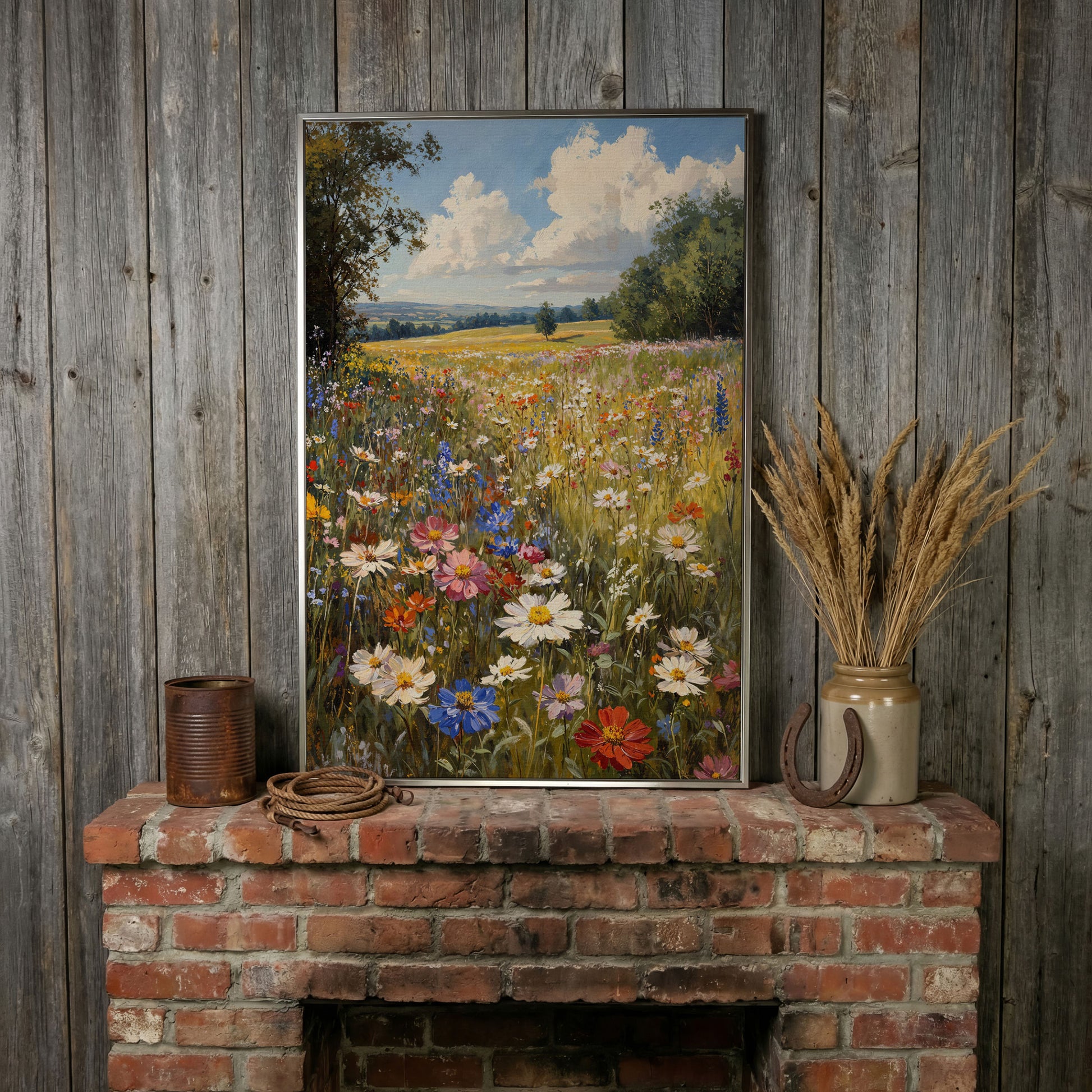 Spring Wildflower Meadow Canvas Print in silver floating frame