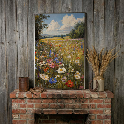 Spring Wildflower Meadow Canvas Print in silver floating frame