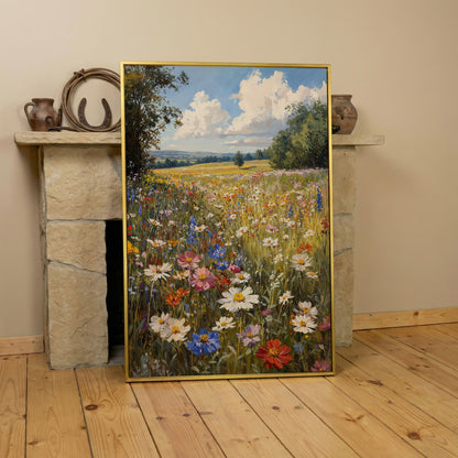 Spring Wildflower Meadow Canvas Print in yellow gold floating frame