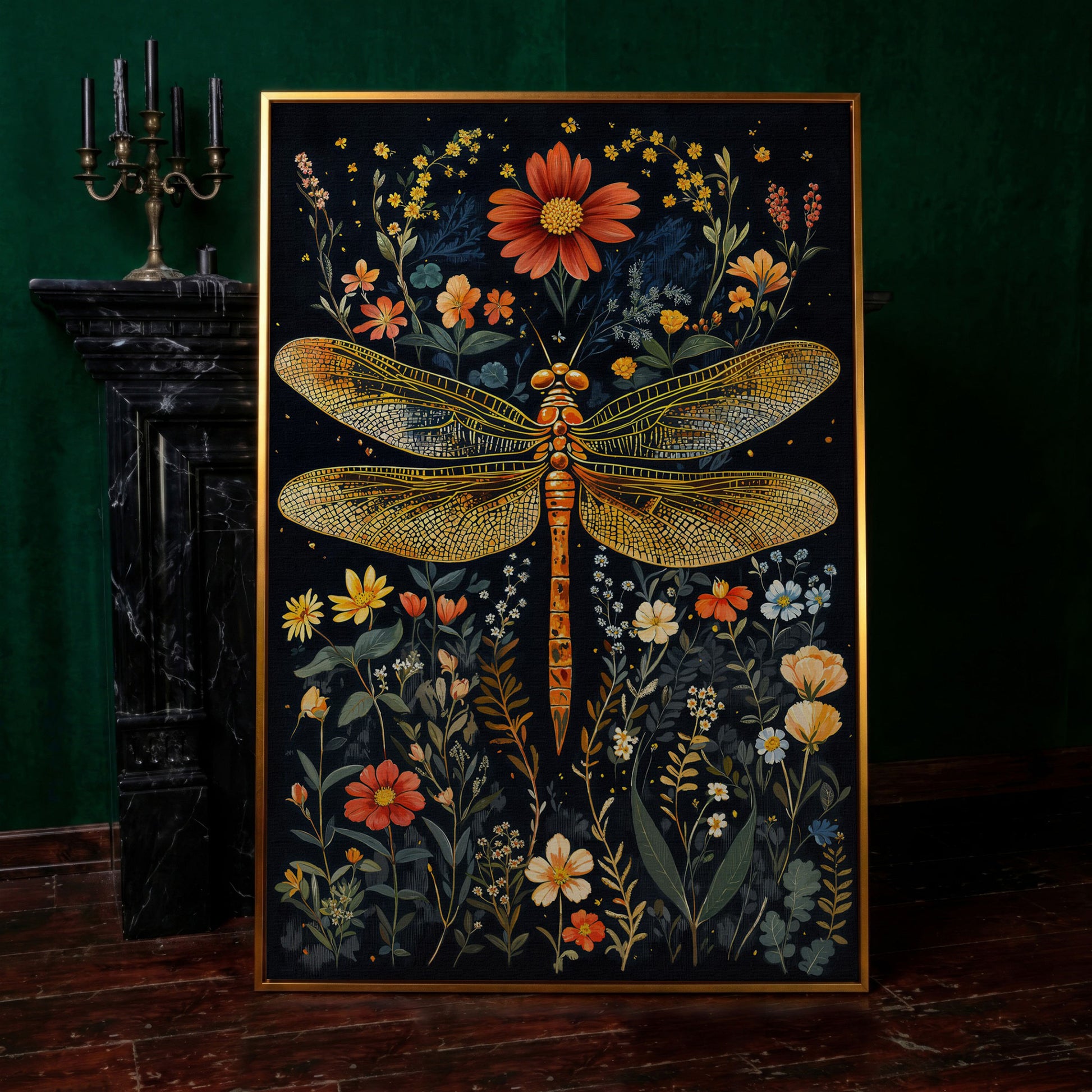Dragonfly and Fantasy Floral Canvas in antique gold floating frame