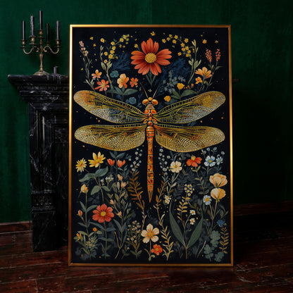 Dragonfly and Fantasy Floral Canvas in antique gold floating frame