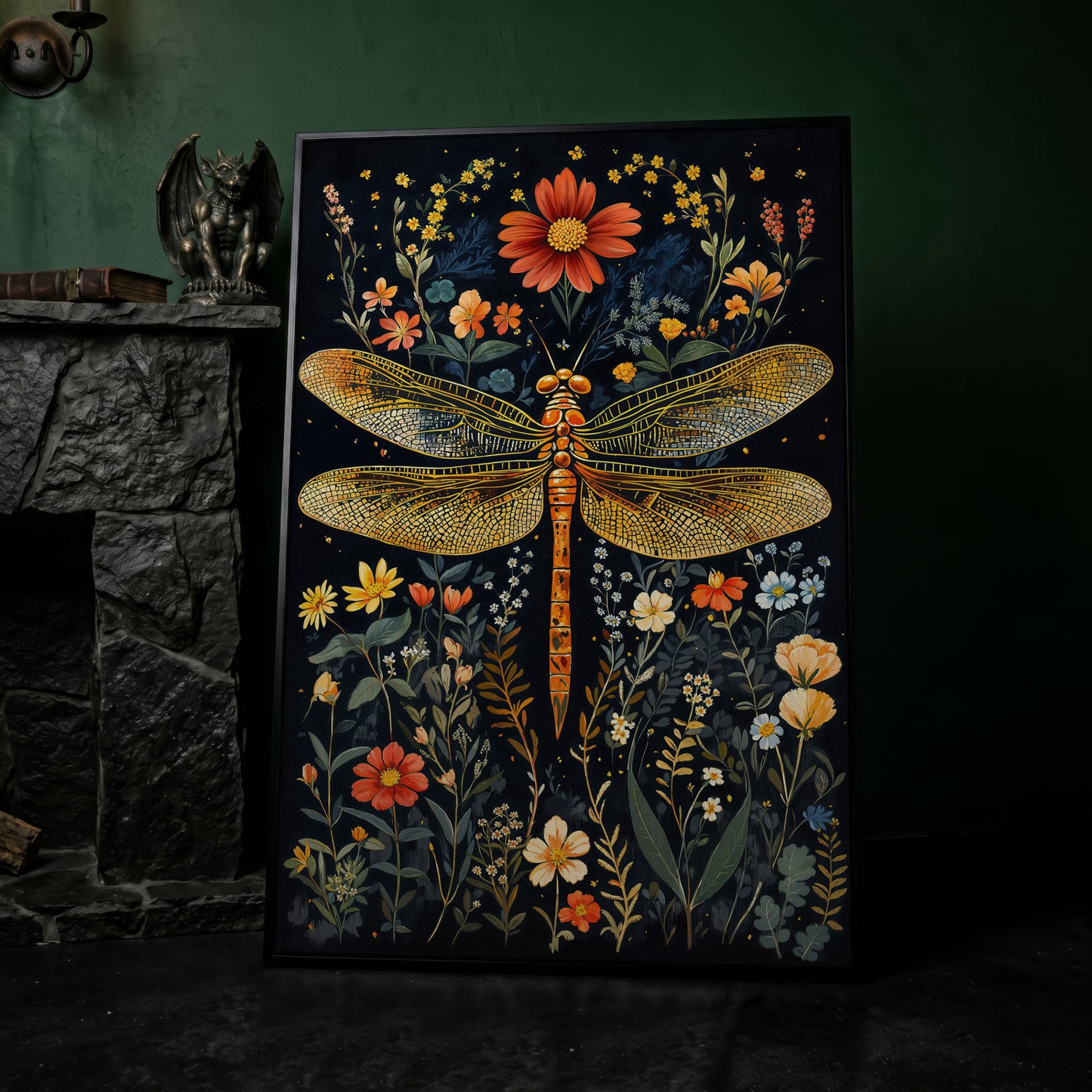 Dragonfly and Fantasy Floral Canvas in black floating frame