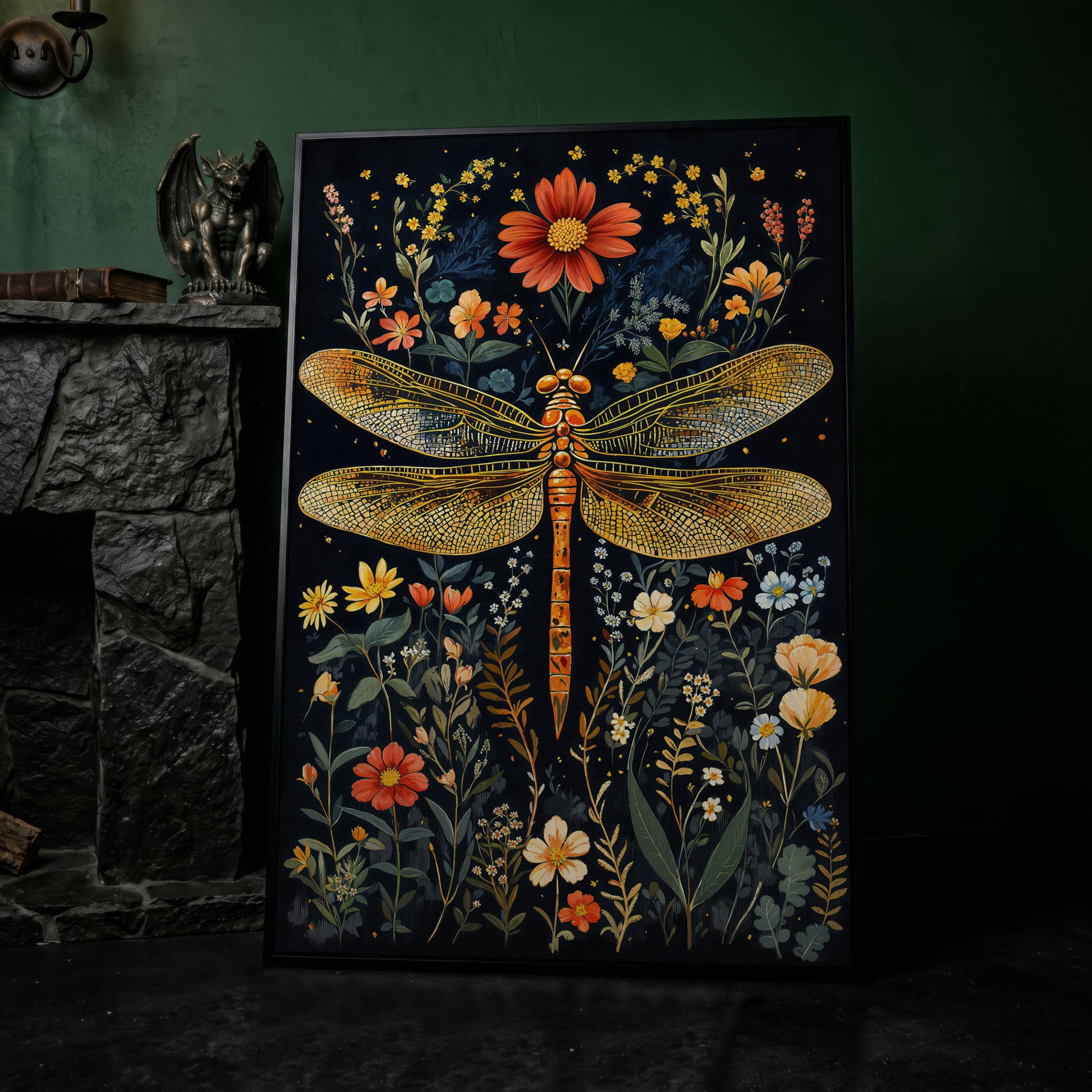 Dragonfly and Fantasy Floral Canvas in black floating frame