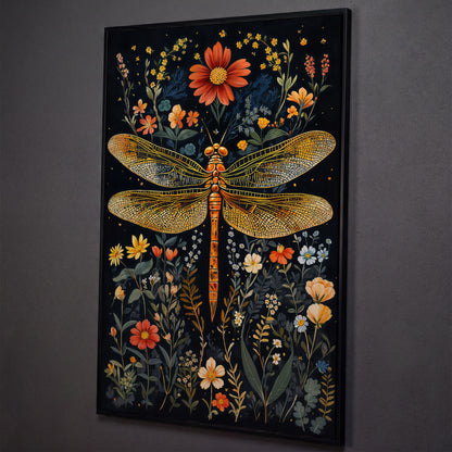 Dragonfly and Fantasy Floral Canvas shown in black floating frame
