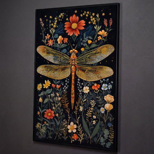 Dragonfly and Fantasy Floral Canvas shown in black floating frame
