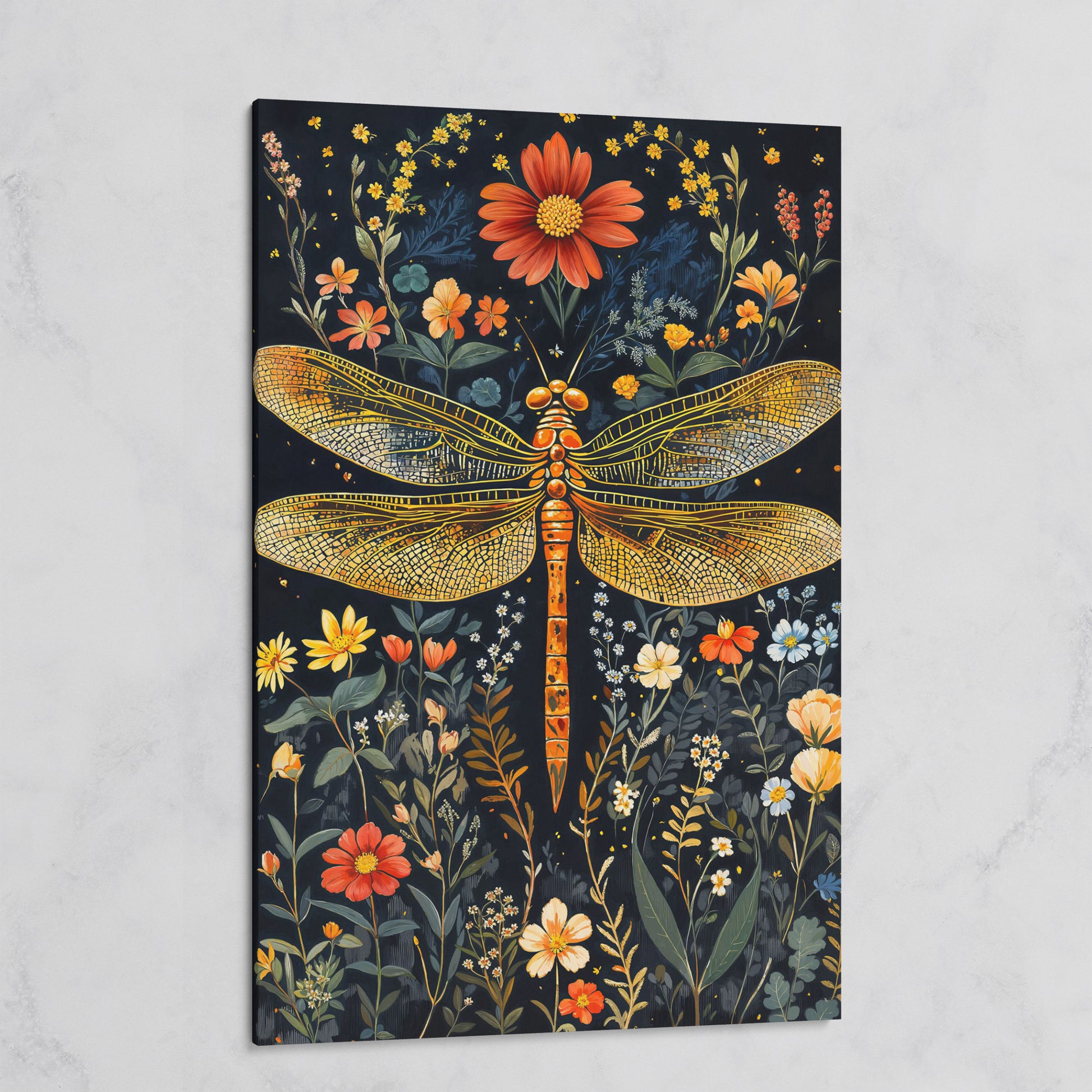 Dragonfly and Fantasy Floral Canvas on gallery wrap