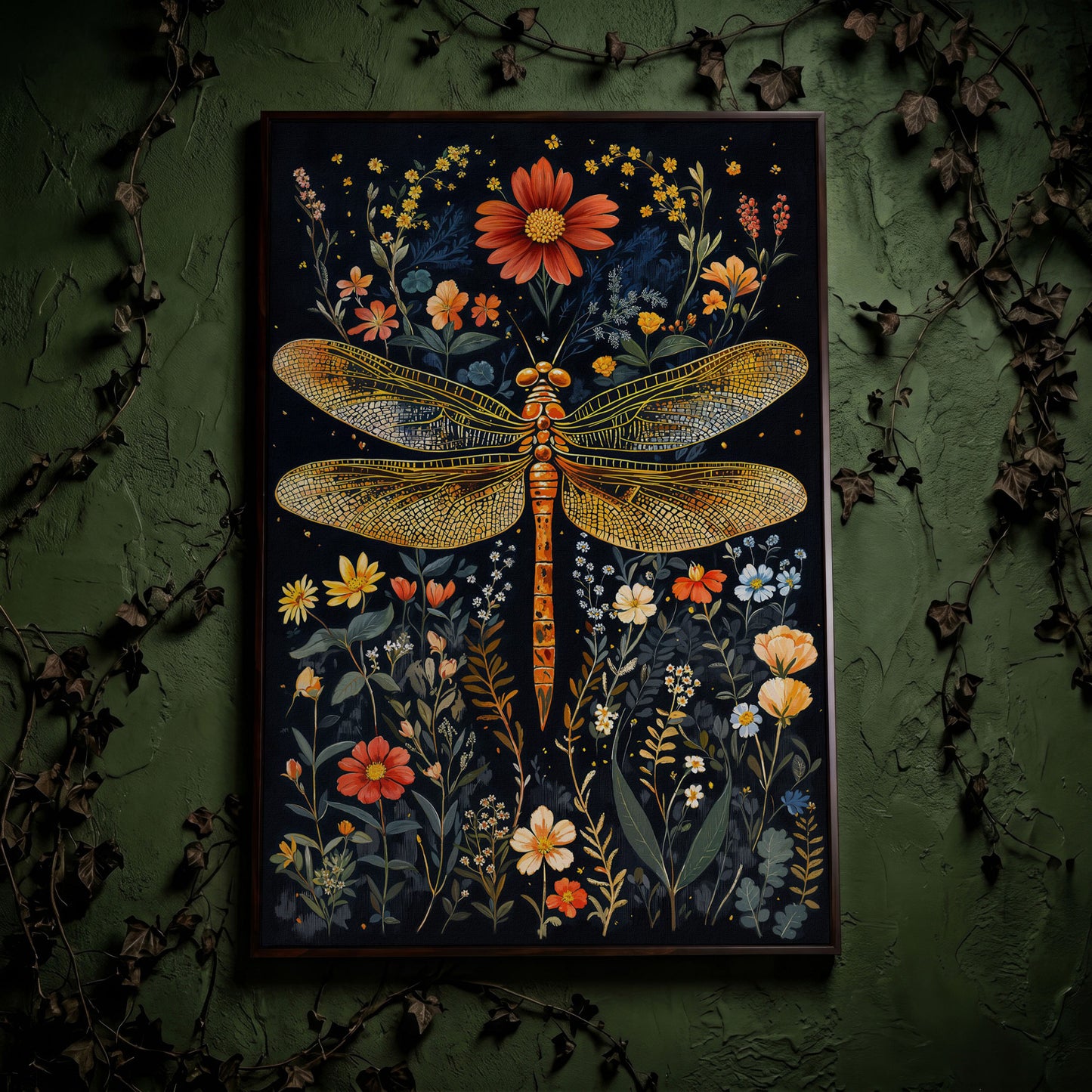 Dragonfly and Fantasy Floral Canvas in dark walnut floating frame