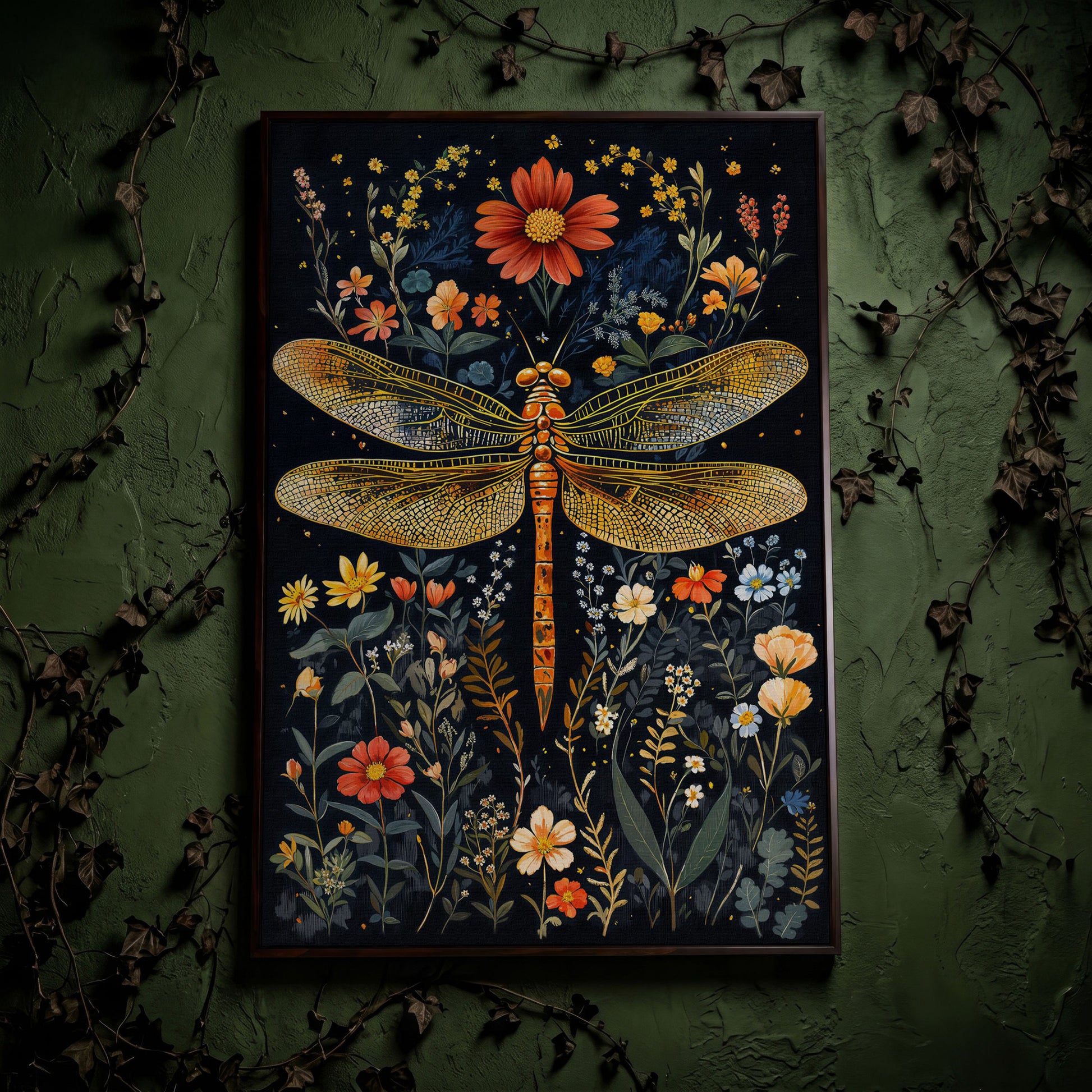 Dragonfly and Fantasy Floral Canvas in dark walnut floating frame