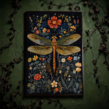 Dragonfly and Fantasy Floral Canvas in dark walnut floating frame