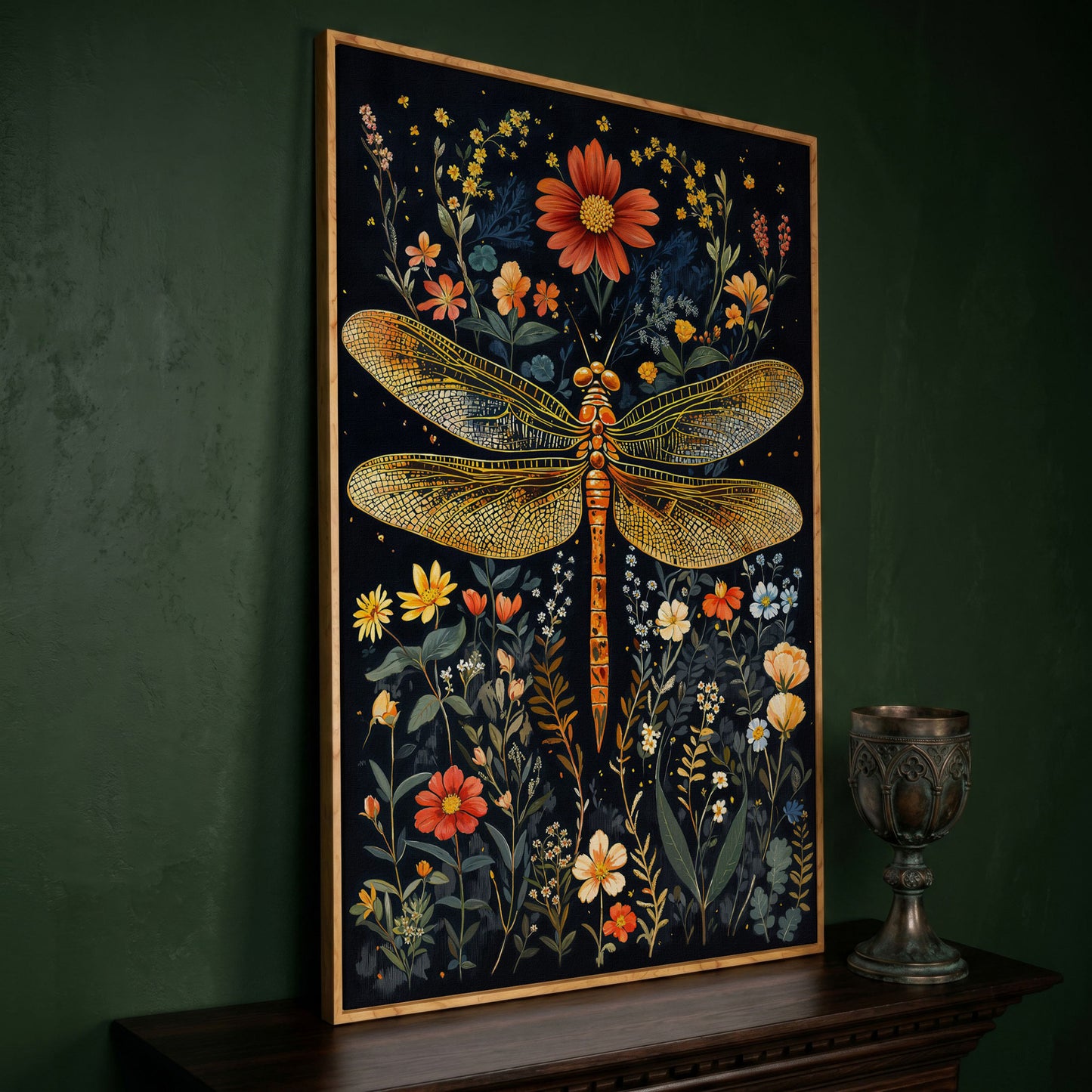 Dragonfly and Fantasy Floral Canvas in white oak floating frame