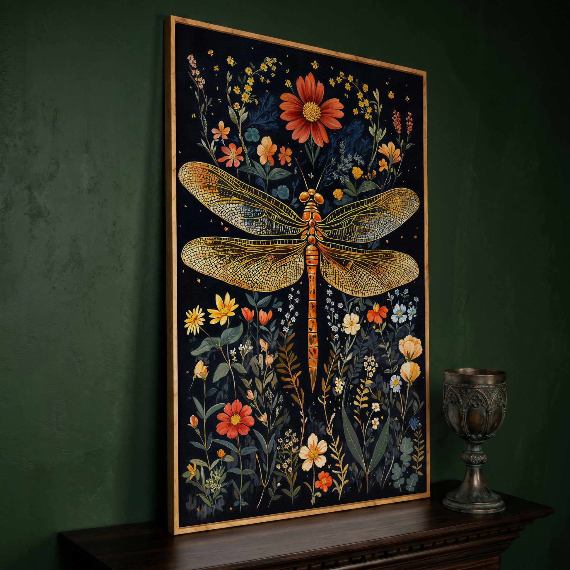 Dragonfly and Fantasy Floral Canvas in white oak floating frame