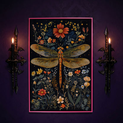 Dragonfly and Fantasy Floral Canvas in pink floating frame
