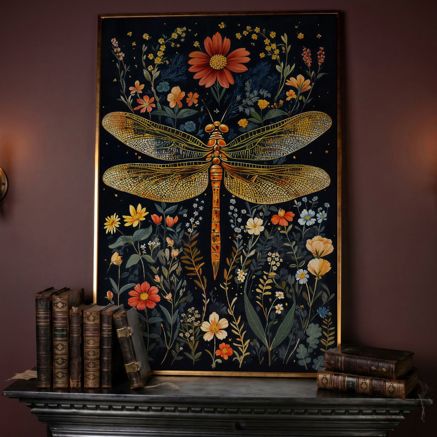Dragonfly and Fantasy Floral Canvas in rose gold floating frame