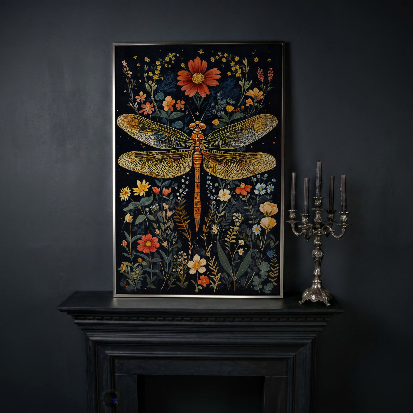 Dragonfly and Fantasy Floral Canvas in silver floating frame