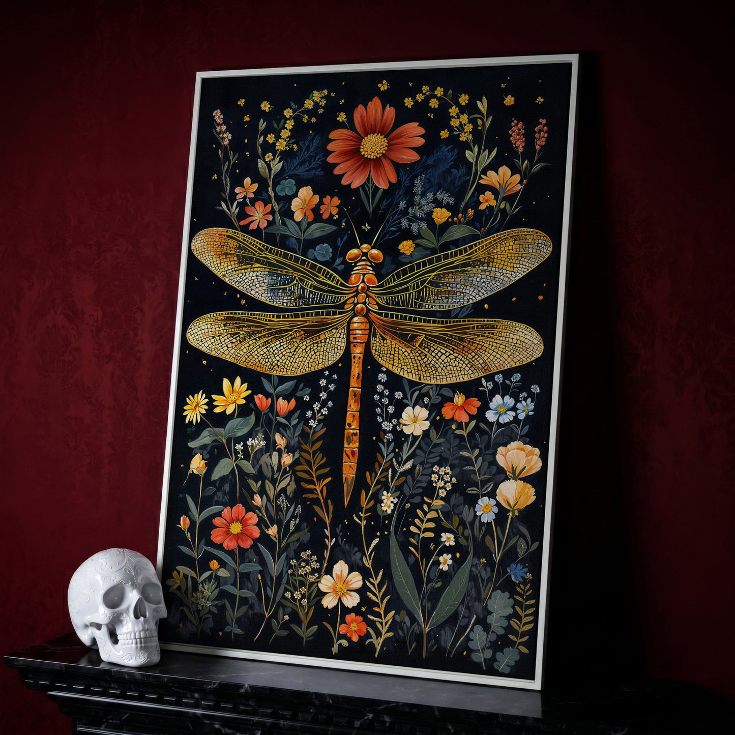 Dragonfly and Fantasy Floral Canvas in white floating frame