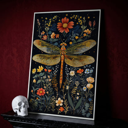 Dragonfly and Fantasy Floral Canvas in white floating frame