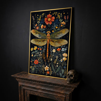 Dragonfly and Fantasy Floral Canvas in yellow gold floating frame