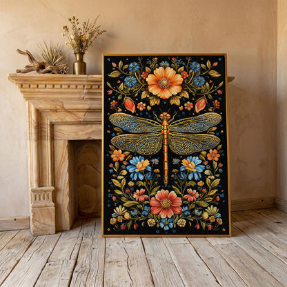 Colorful Dragonfly and Floral Canvas in antique gold floating frame