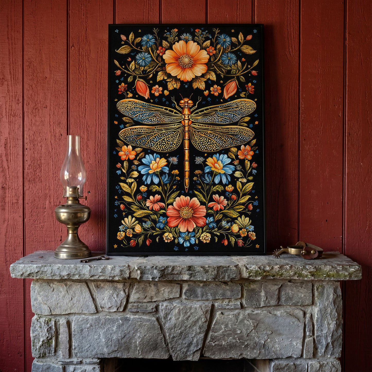Colorful Dragonfly and Floral Canvas in black floating frame