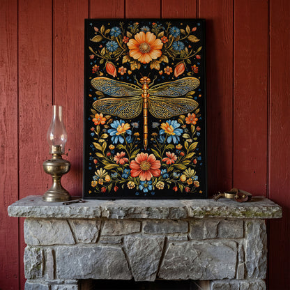 Colorful Dragonfly and Floral Canvas in black floating frame