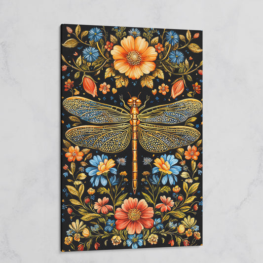 Colorful Dragonfly and Floral Canvas on gallery wrap