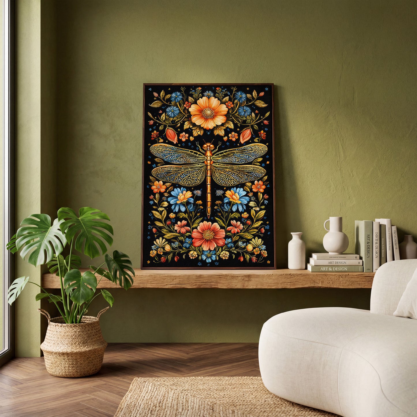 Colorful Dragonfly and Floral Canvas in dark walnut floating frame