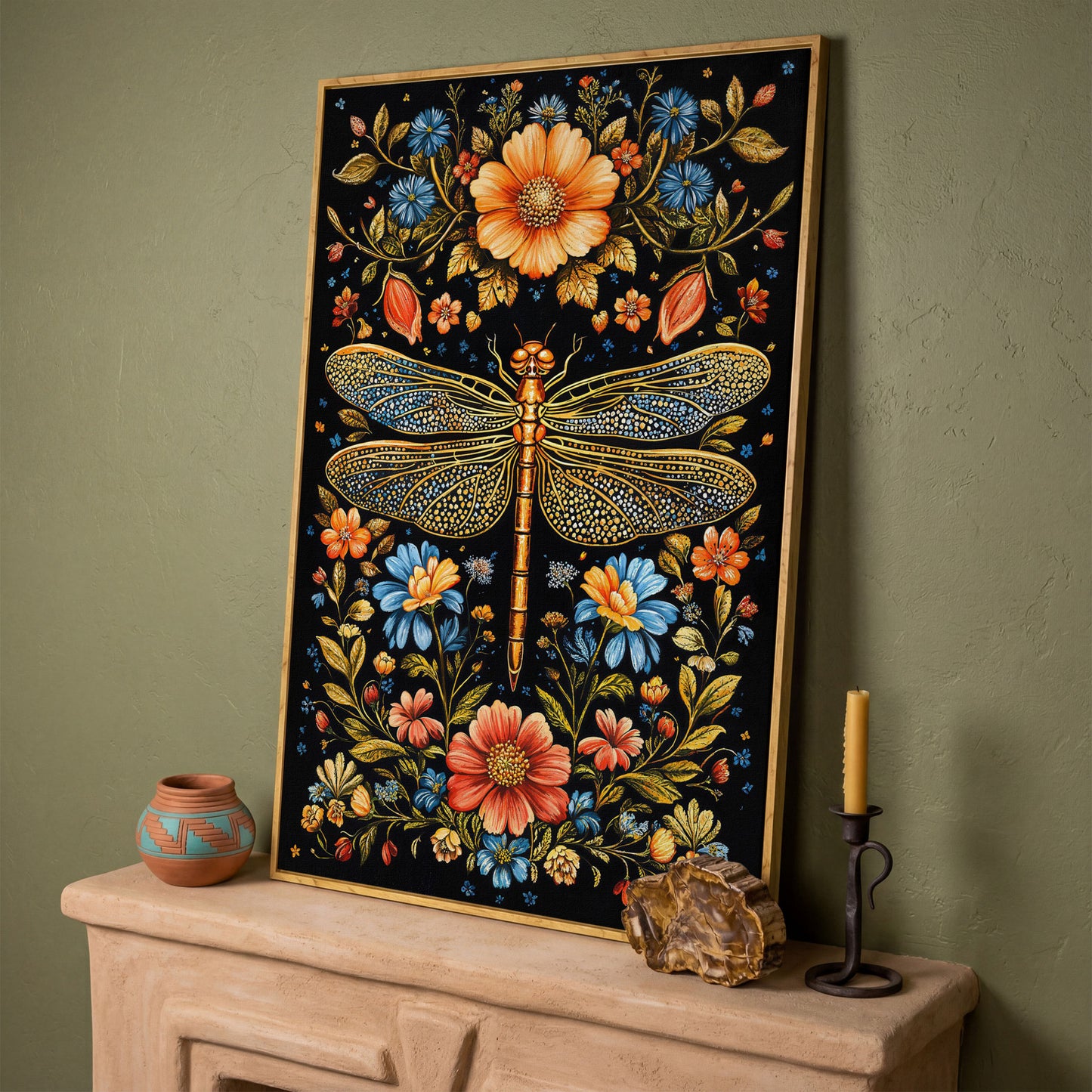 Colorful Dragonfly and Floral Canvas in white oak floating frame