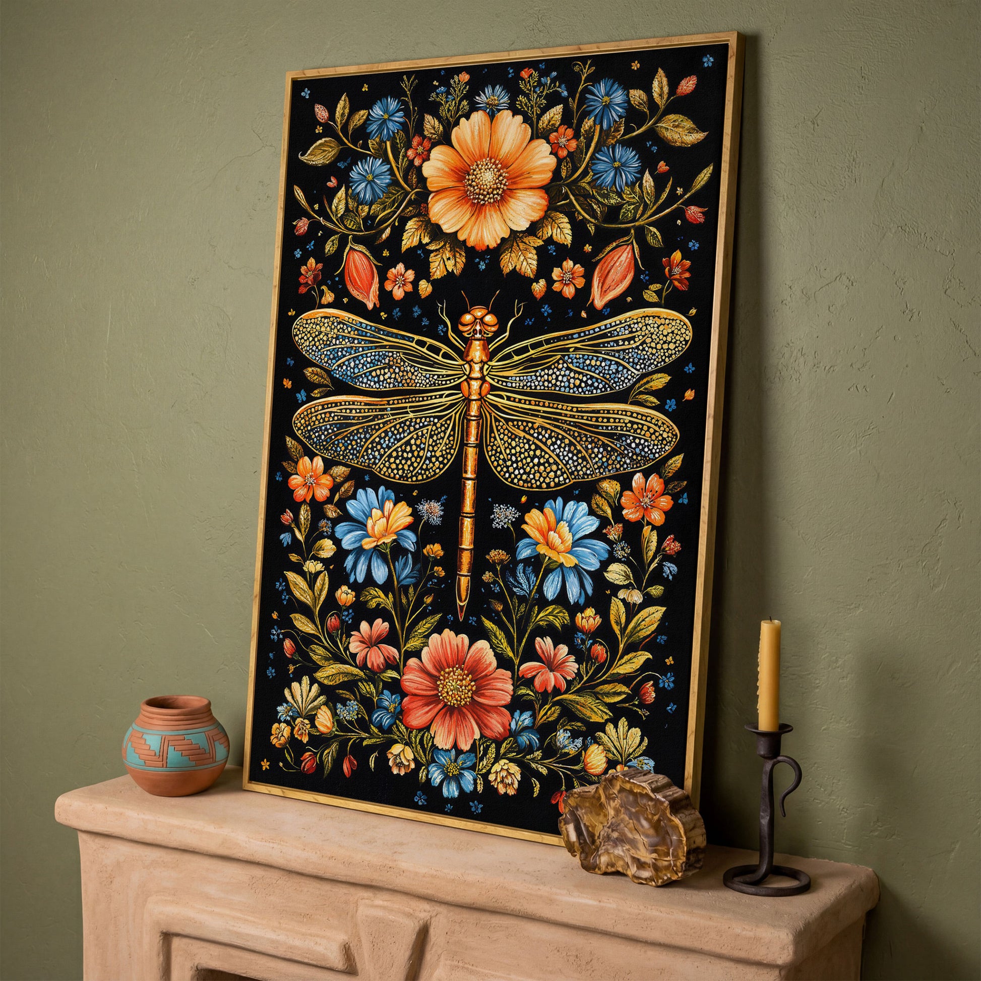 Colorful Dragonfly and Floral Canvas in white oak floating frame