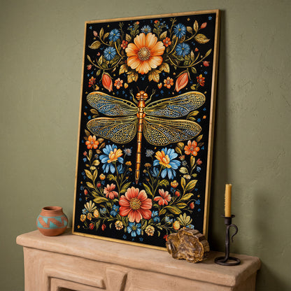 Colorful Dragonfly and Floral Canvas in white oak floating frame