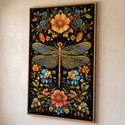Colorful Dragonfly and Floral Canvas shown in white oak floating frame