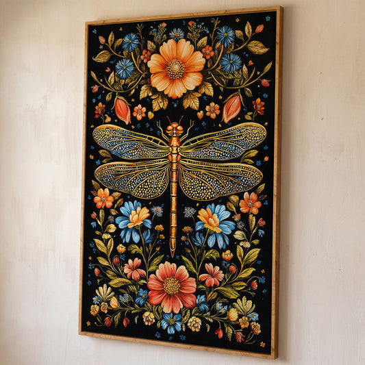 Colorful Dragonfly and Floral Canvas shown in white oak floating frame
