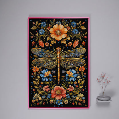 Colorful Dragonfly and Floral Canvas in pink floating frame