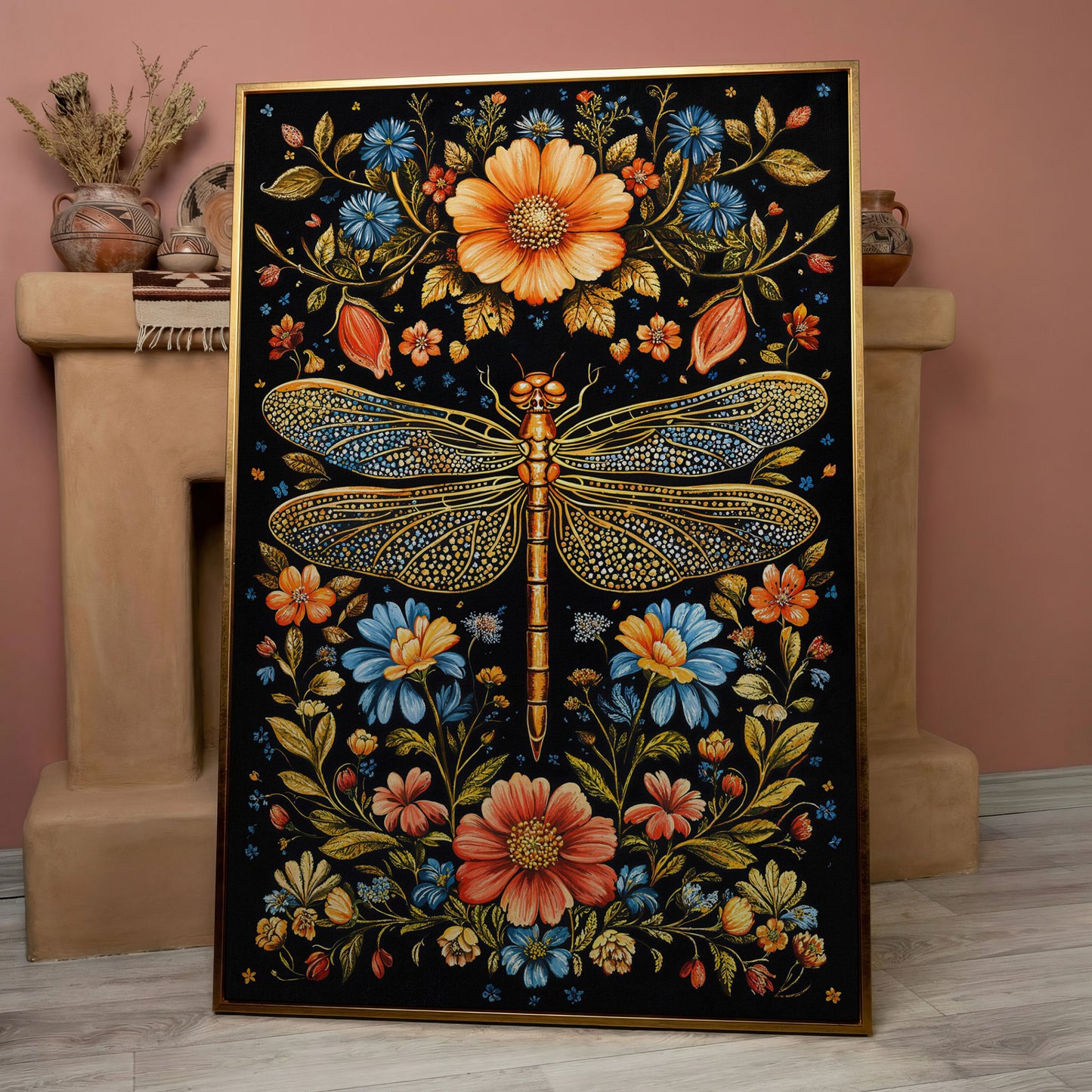 Colorful Dragonfly and Floral Canvas in rose gold floating frame
