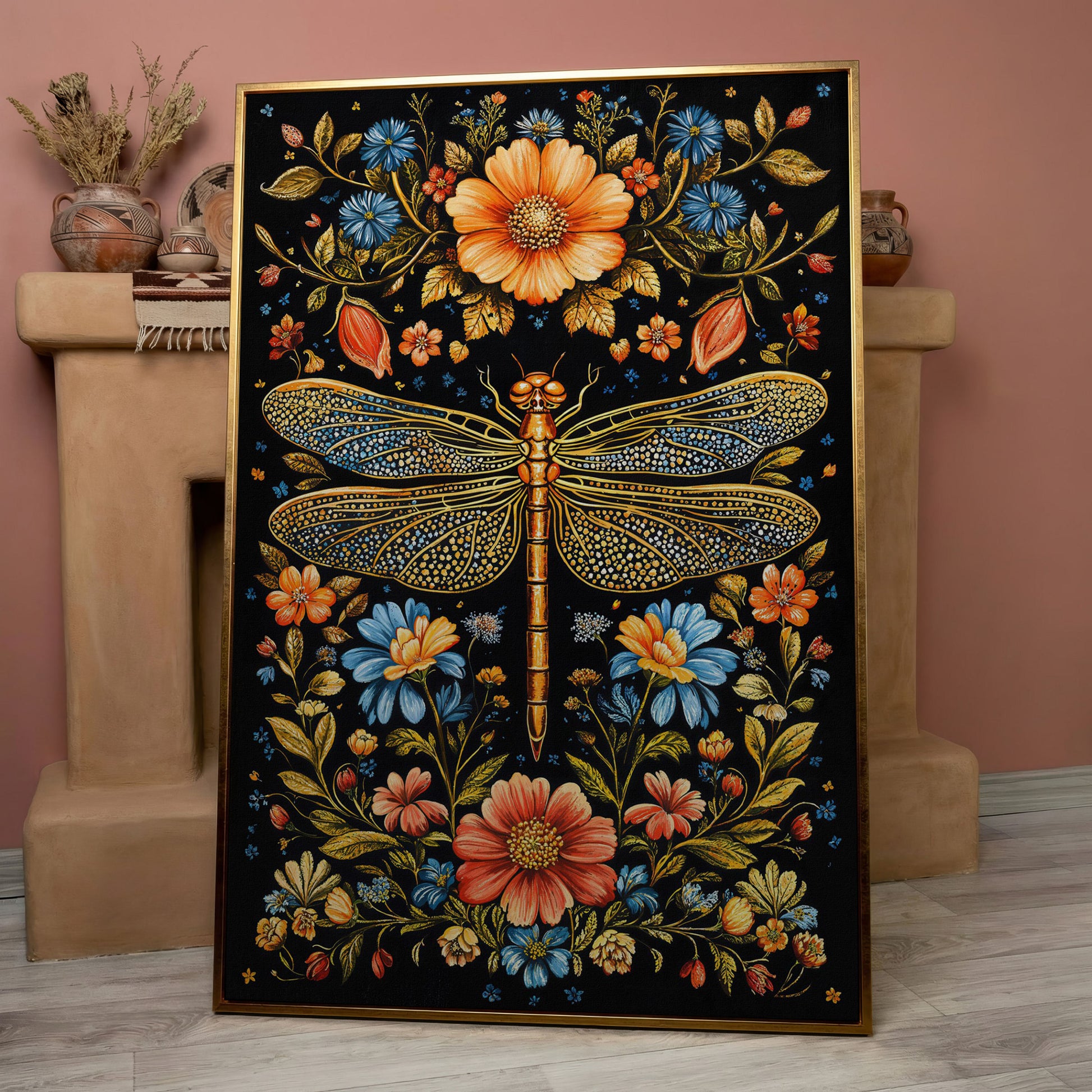 Colorful Dragonfly and Floral Canvas in rose gold floating frame