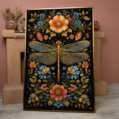 Colorful Dragonfly and Floral Canvas in rose gold floating frame