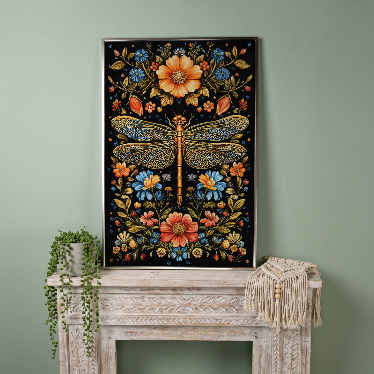 Colorful Dragonfly and Floral Canvas in silver floating frame