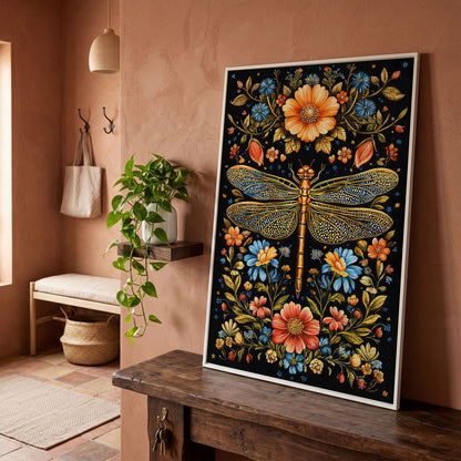 Colorful Dragonfly and Floral Canvas in white floating frame