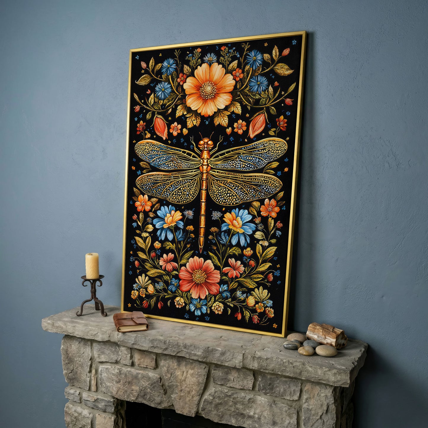 Colorful Dragonfly and Floral Canvas in yellow gold floating frame