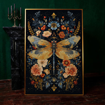 Dragonfly with Flowers Canvas in antique gold floating frame